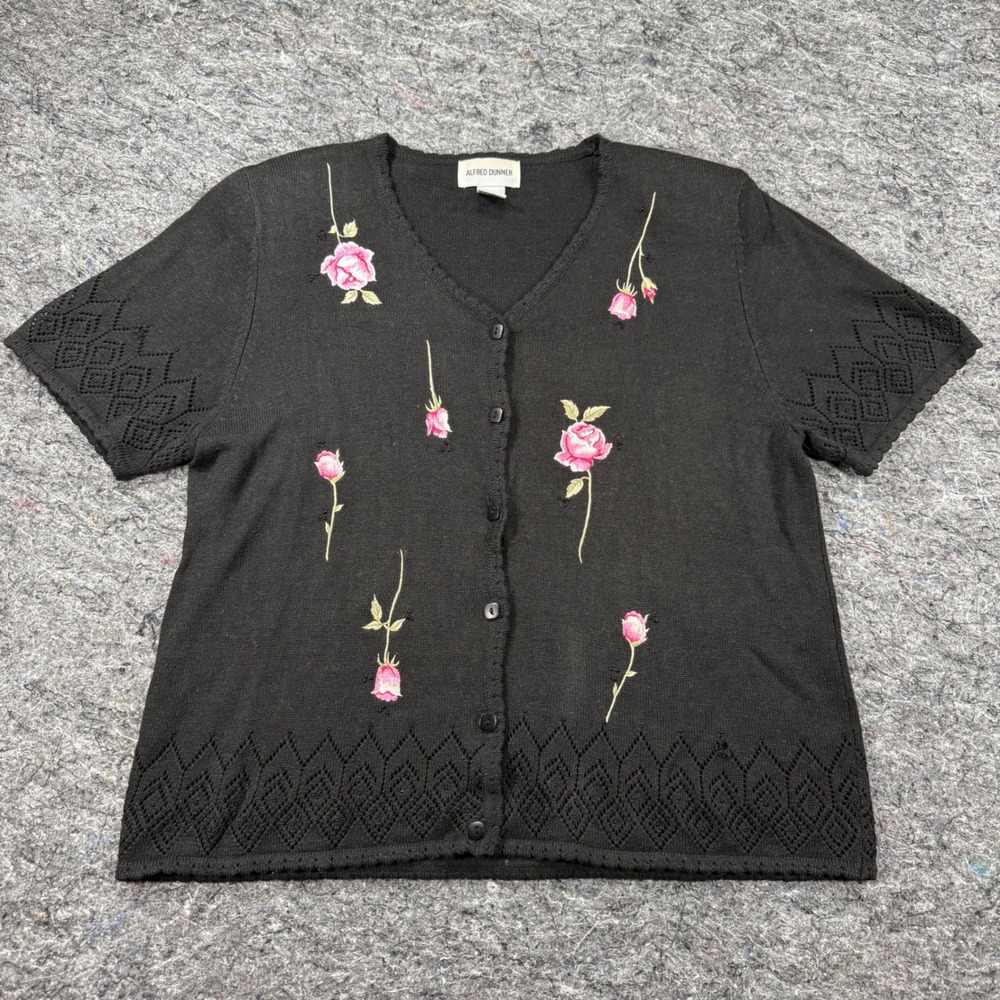 Alfred Dunner Black Rose Embroidered Beaded Short Sleeve Cardigan Sweater Large